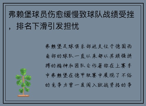 弗赖堡球员伤愈缓慢致球队战绩受挫，排名下滑引发担忧