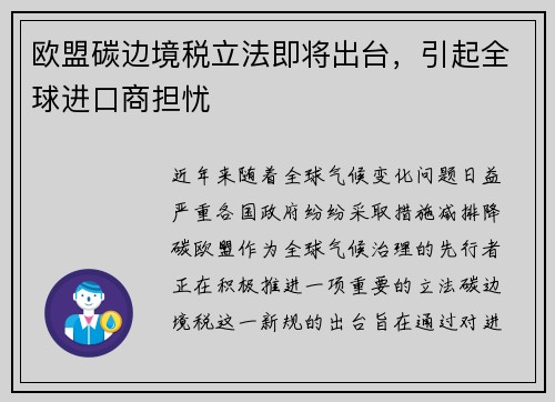 欧盟碳边境税立法即将出台，引起全球进口商担忧