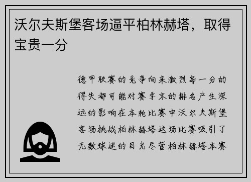 沃尔夫斯堡客场逼平柏林赫塔，取得宝贵一分